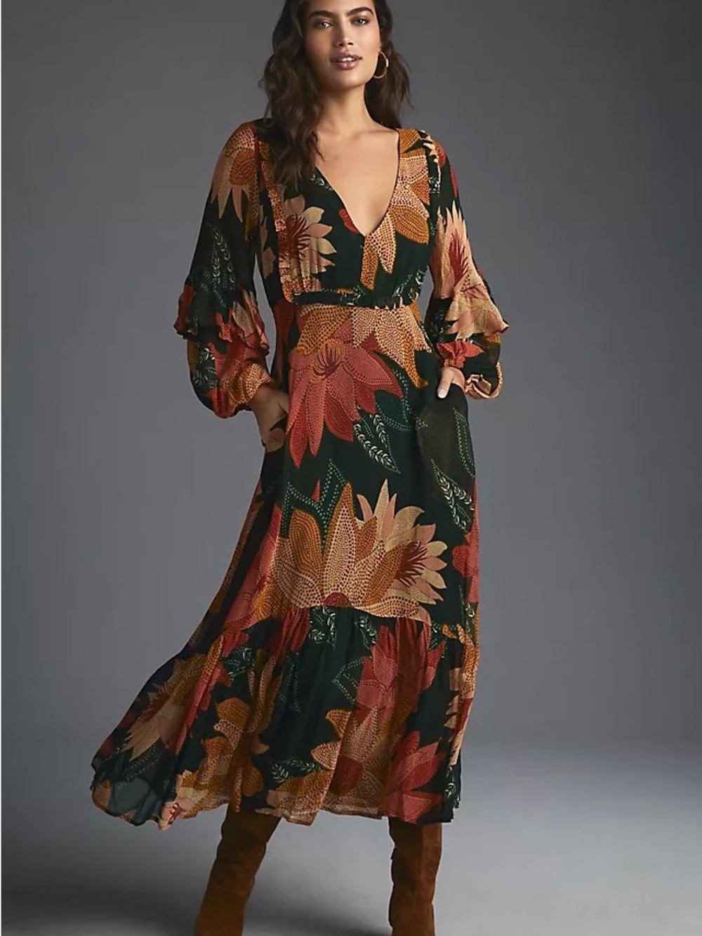 Farm Rio Anthropologie Floral V-Neck Maxi Dress Balloon Sleeves Small